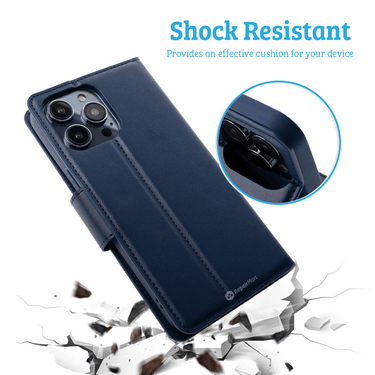 iPhone 14 Pro Compatible Case Cover With PU Flip Leather Wallet - Navy